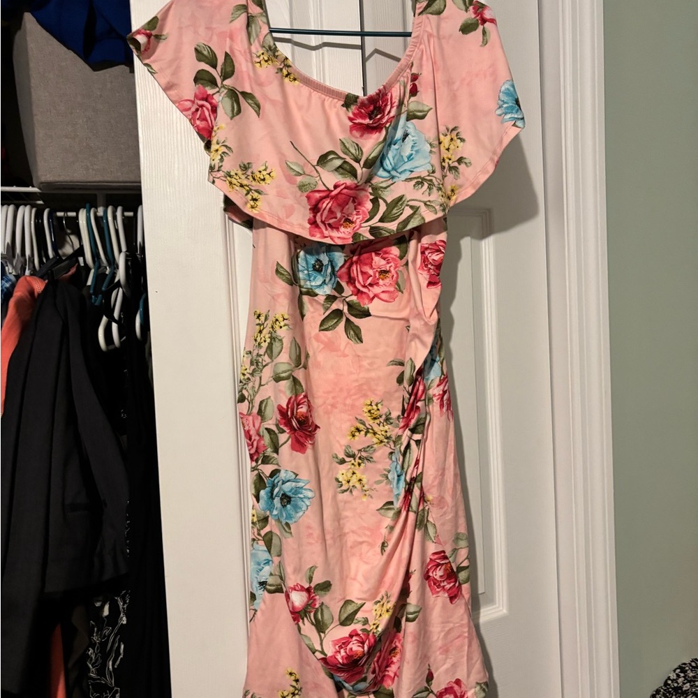 Hello MIZ Pink Floral Maternity Asymmetrical Dress